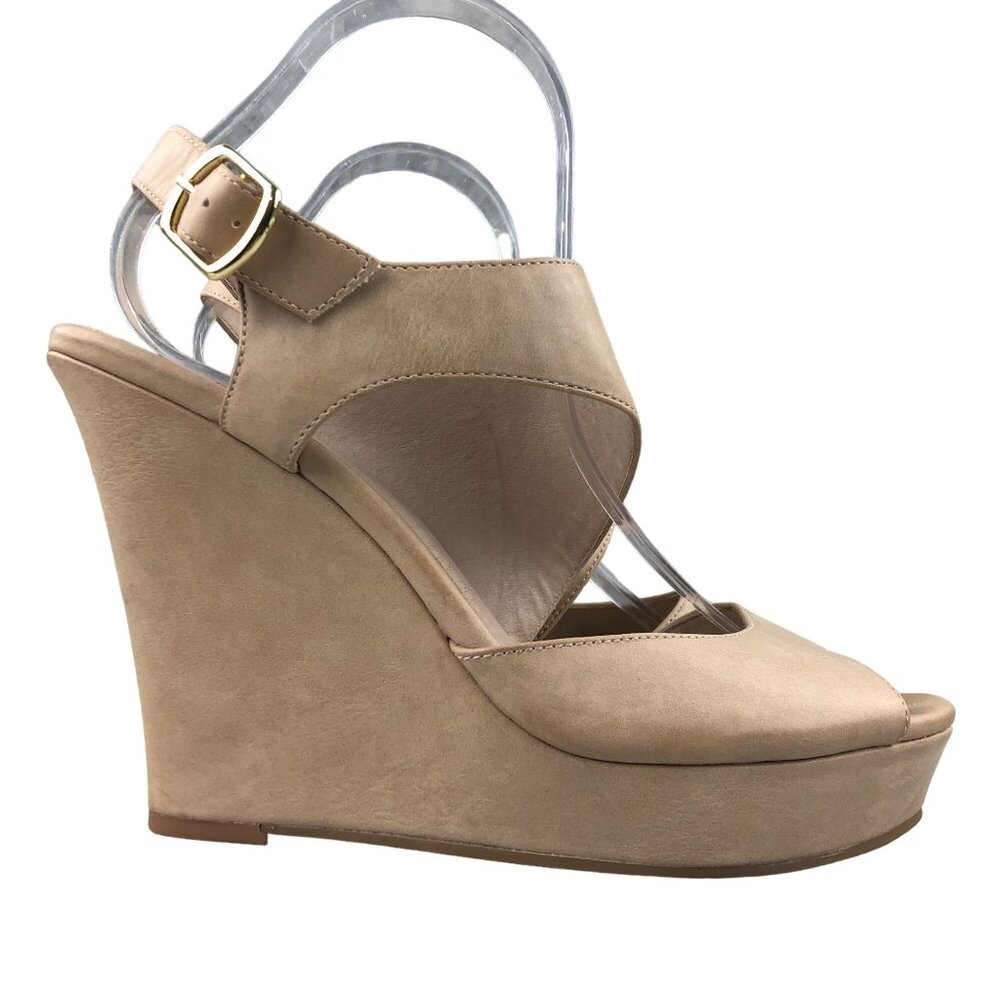 BC Footwear Size 11 Lioness Tan Faux Leather Open Toe Platform High Heel Wedges